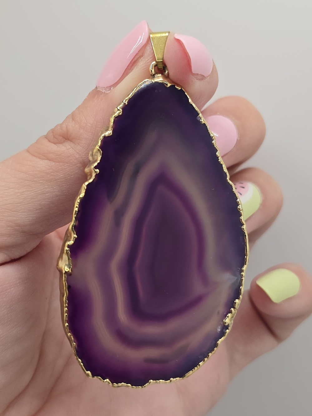 Purple Banded Agate Slice Pendant Gold Tone 2.75"